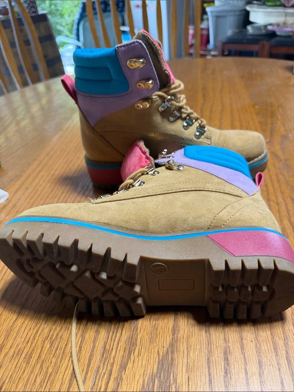 Pacifica Tan Suede Kids/Women’s Lace-Up Boots with Pink Tongue and Blue Trim